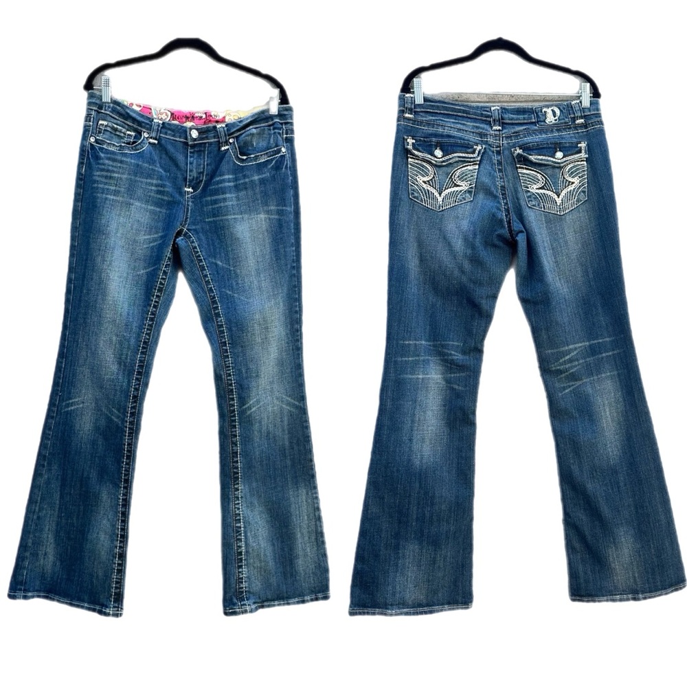 Y2K Vintage Rock Star contrast stitching embroidered low rise flare jeans, 12